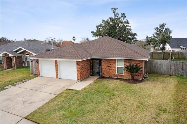 single story home with an attached garage, brick siding, fence, driveway, and a front yard