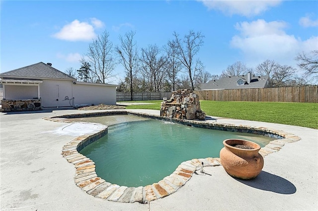 view of pool with a patio, a lawn, a fenced backyard, and a fenced in pool