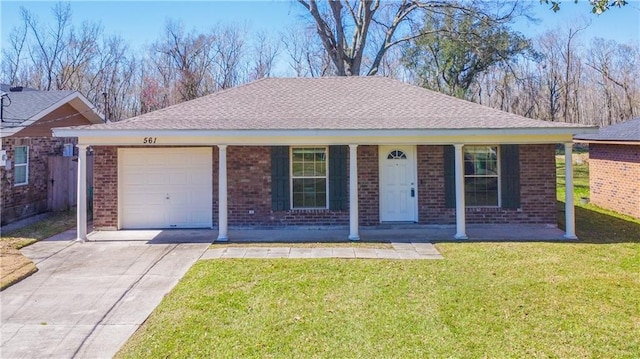 ranch-style house with a garage, covered porch, brick siding, and a front lawn