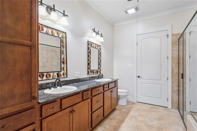 bathroom with crown molding, double vanity, a sink, and a shower stall