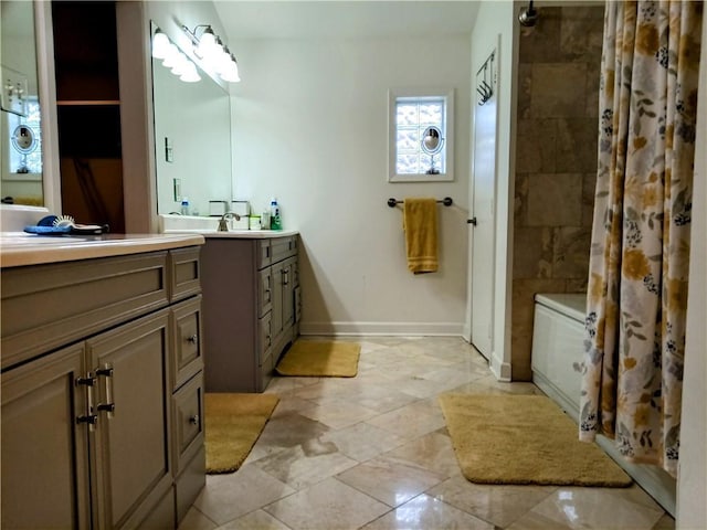 bathroom with a shower with shower curtain, a sink, two vanities, baseboards, and a bath