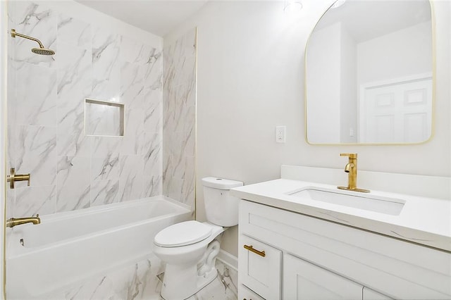 full bathroom with toilet, marble finish floor, shower / bathtub combination, and vanity