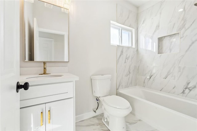 full bath featuring marble finish floor, bathing tub / shower combination, toilet, vanity, and baseboards