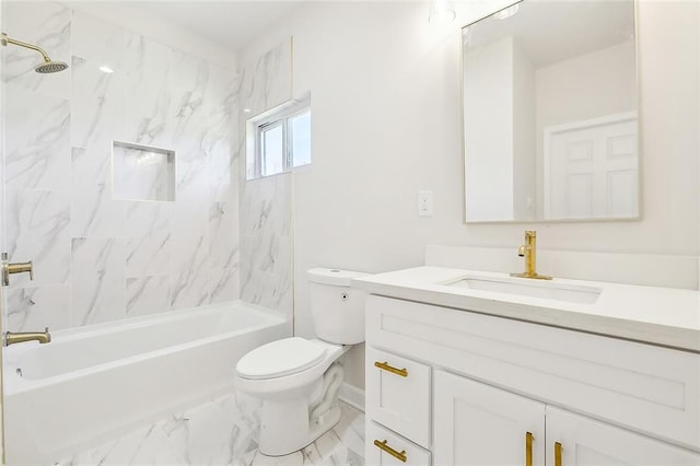 bathroom with marble finish floor, shower / tub combination, vanity, and toilet