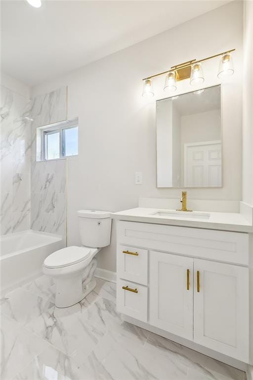 bathroom with baseboards, toilet,  shower combination, marble finish floor, and vanity