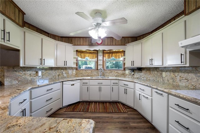 kitchen with white dishwasher, a sink, white cabinetry, and decorative backsplash