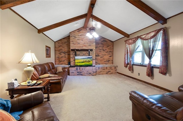 living room featuring lofted ceiling with beams, light colored carpet, brick wall, a fireplace, and a ceiling fan