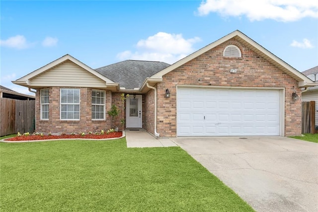 single story home featuring a garage, concrete driveway, fence, a front lawn, and brick siding