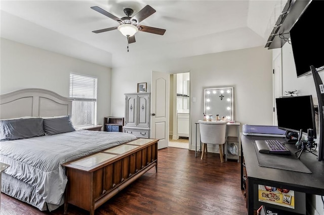 bedroom featuring ceiling fan, dark wood-type flooring, and baseboards