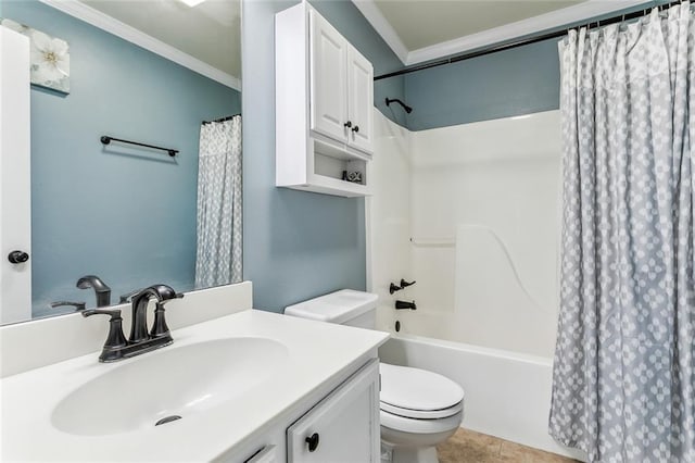 full bathroom featuring ornamental molding, shower / tub combo, vanity, and toilet