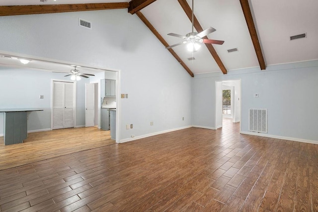 unfurnished living room with beam ceiling, visible vents, and wood finished floors