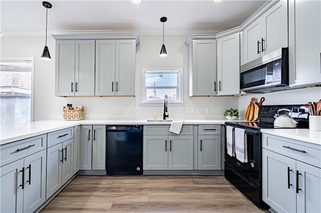 kitchen featuring light wood finished floors, gray cabinetry, ornamental molding, a sink, and black appliances