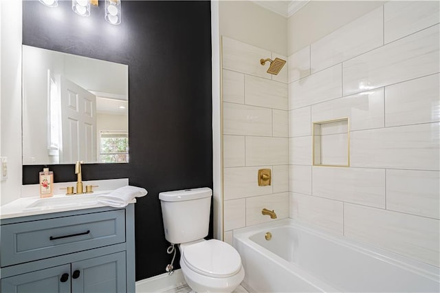 full bathroom featuring toilet, tub / shower combination, and vanity