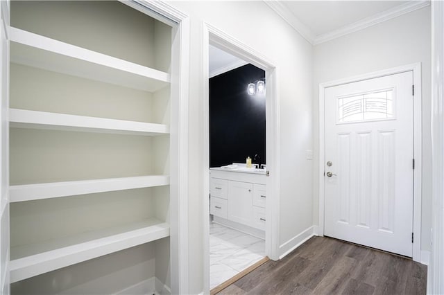 foyer with baseboards, dark wood-type flooring, and crown molding