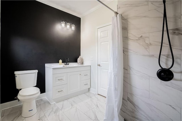 bathroom featuring baseboards, toilet, marble finish floor, a tile shower, and crown molding