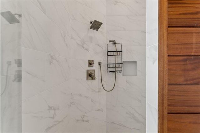 interior details featuring a marble finish shower