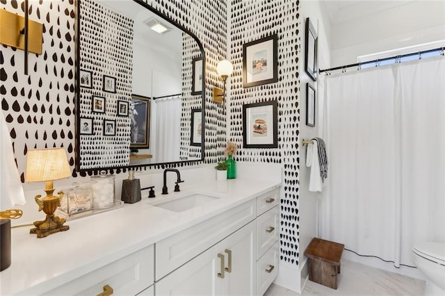 bathroom featuring visible vents, toilet, curtained shower, vanity, and tile walls