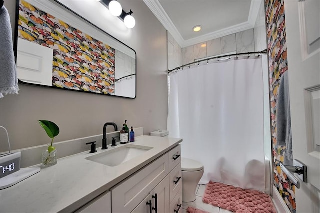 full bath featuring shower / tub combo, vanity, toilet, and crown molding