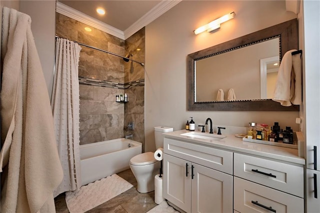 full bathroom with ornamental molding, shower / bathtub combination with curtain, vanity, and toilet