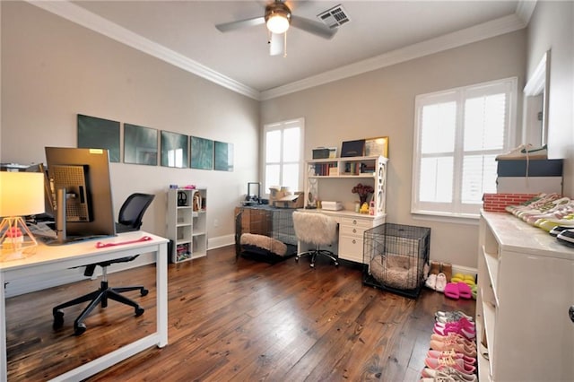 office space featuring a wealth of natural light, ornamental molding, and dark wood-style flooring