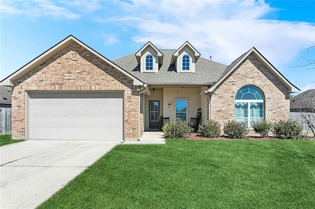 view of front facade with a garage, brick siding, fence, driveway, and a front lawn