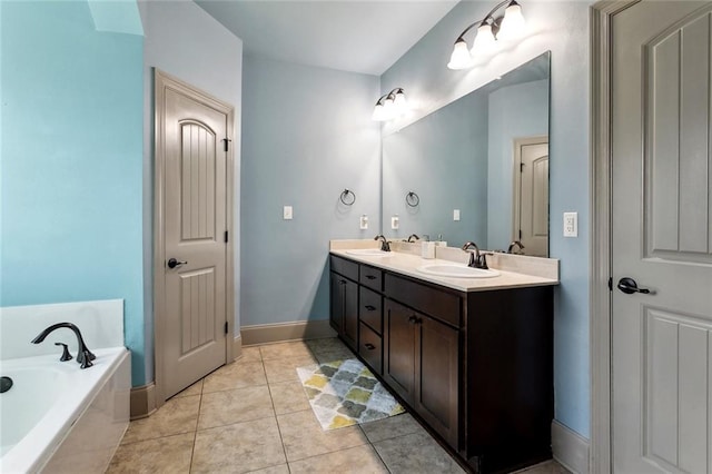 bathroom featuring double vanity, a sink, a bath, and tile patterned floors