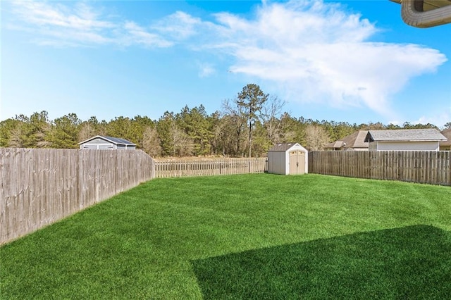 view of yard featuring a storage shed, a fenced backyard, and an outdoor structure