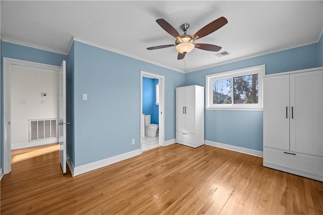 9420 Gerald St, River Ridge, LA 70123 - unfurnished bedroom with baseboards, light wood-style floors, ornamental molding, a ceiling fan, and ensuite bath