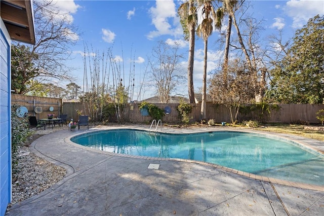 view of pool with a fenced in pool, a fenced backyard, and a patio