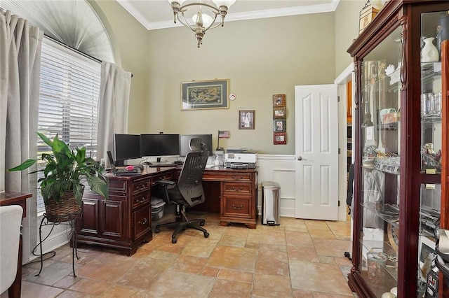 office space featuring a notable chandelier and crown molding