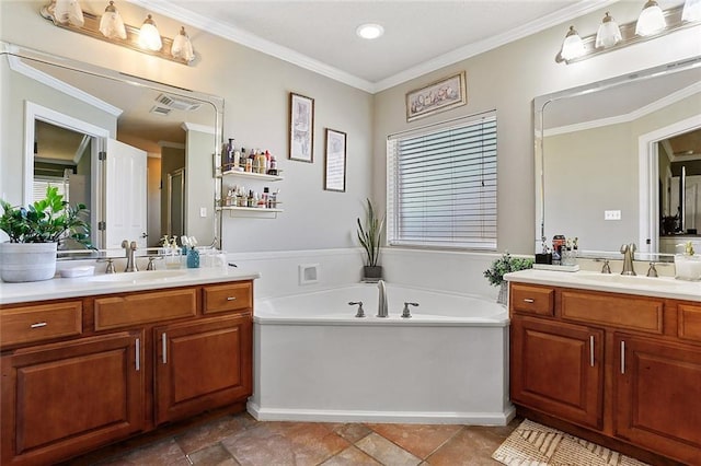 full bathroom featuring a bath, two vanities, and a sink