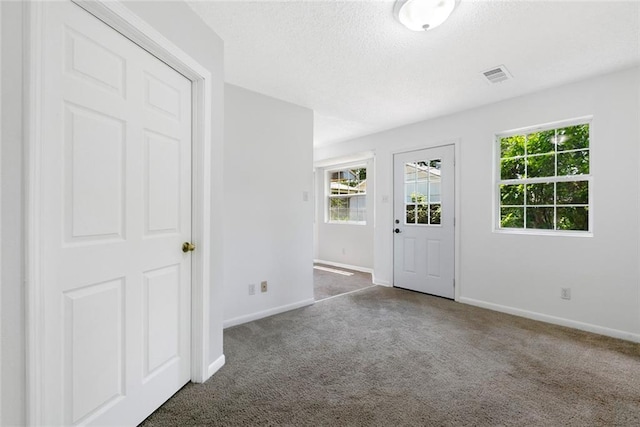 carpeted entrance foyer featuring baseboards, visible vents, and a textured ceiling