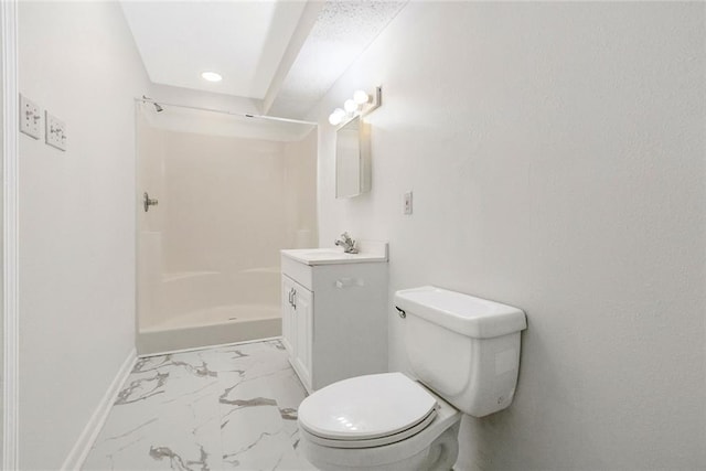 bathroom featuring marble finish floor, toilet, a shower stall, vanity, and baseboards