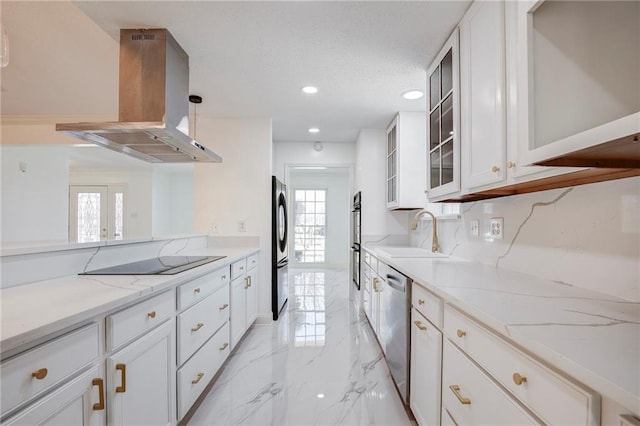 kitchen with a sink, white cabinets, marble finish floor, appliances with stainless steel finishes, and island exhaust hood