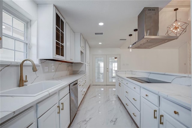 kitchen featuring black electric cooktop, a sink, exhaust hood, marble finish floor, and dishwasher