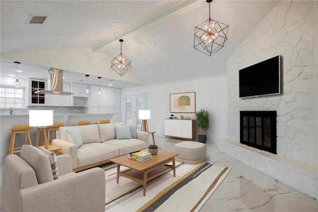 living room with marble finish floor, recessed lighting, visible vents, lofted ceiling with beams, and a large fireplace