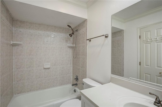 full bath with  shower combination, vanity, toilet, and crown molding