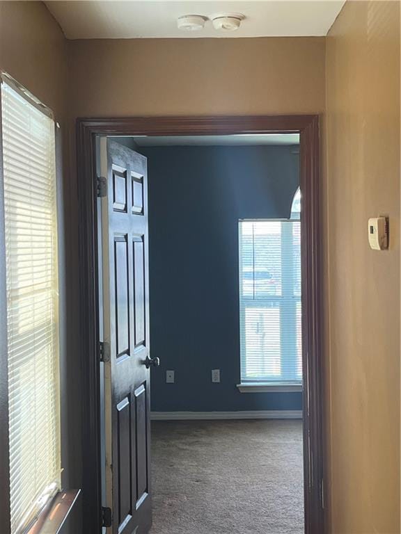 entryway featuring baseboards and dark carpet