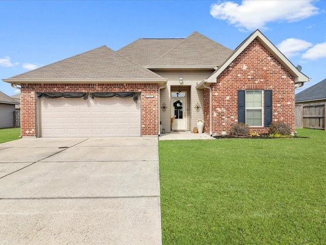 ranch-style house with brick siding, roof with shingles, concrete driveway, an attached garage, and a front yard