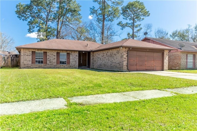 ranch-style house featuring a garage, brick siding, fence, driveway, and a front yard