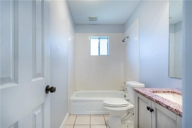 full bath featuring visible vents, toilet, tile patterned flooring, vanity, and shower / washtub combination