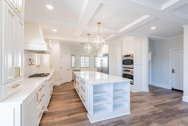 kitchen featuring dark wood-style floors, open shelves, stainless steel appliances, custom range hood, and white cabinets