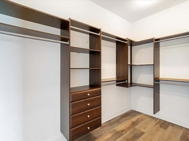 walk in closet with wood finished floors