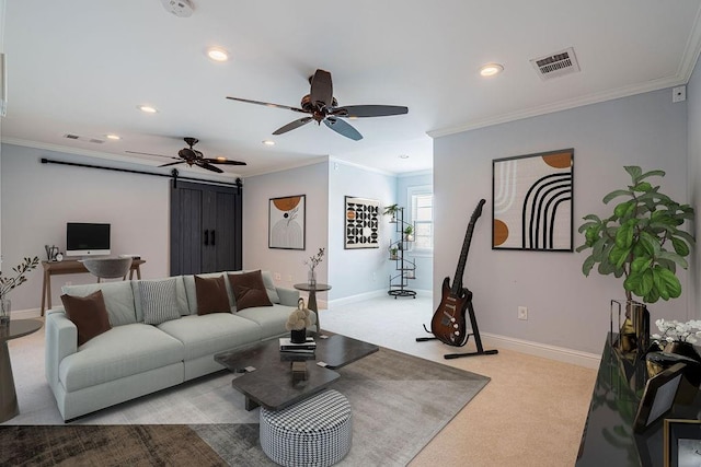 living room featuring crown molding, baseboards, visible vents, and light colored carpet