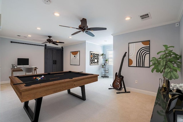 game room with crown molding, baseboards, visible vents, and light colored carpet