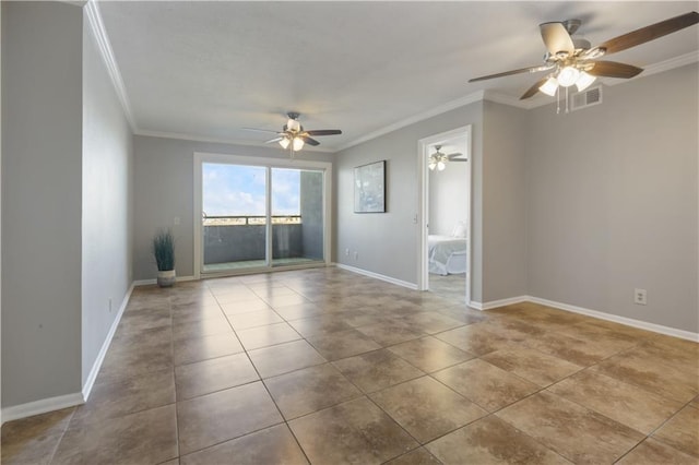 tiled empty room with visible vents, crown molding, baseboards, and ceiling fan