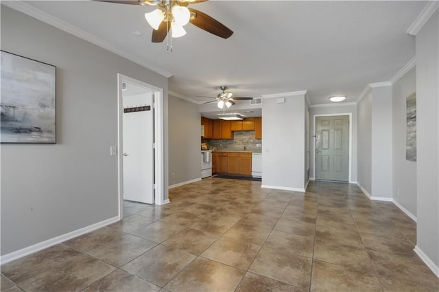 unfurnished living room featuring ornamental molding, tile patterned flooring, a ceiling fan, and baseboards