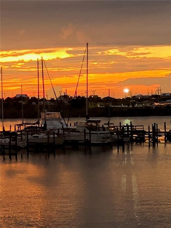 property view of water with a dock