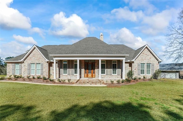 view of front of home featuring a shingled roof, brick siding, a chimney, and a front lawn