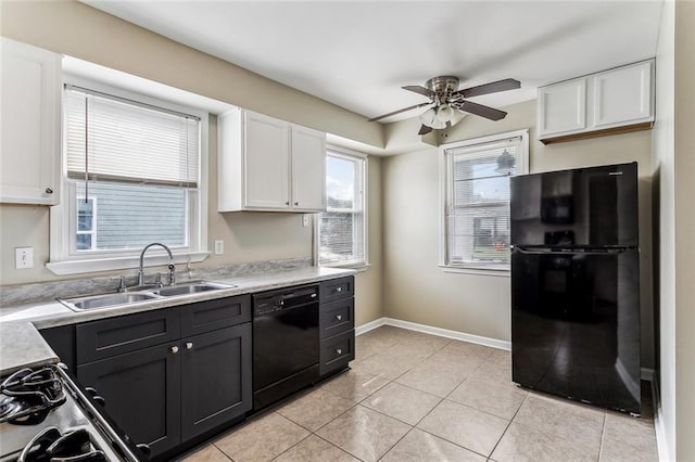 kitchen featuring black appliances, white cabinetry, light countertops, and a sink